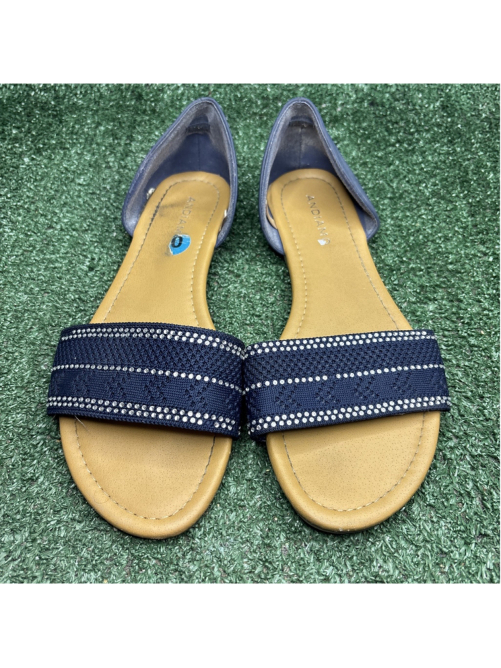 ANDIAMO‎ Dark Blue Rhinestone Flat Sandals Open Toe Womens Size 10